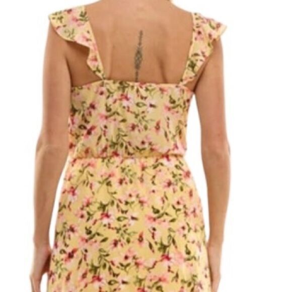 SOCIALITE DRESS XS YELLOW PINK RUFFLE PRINT WRAP MIDI ROMANCE FAIRYCORE SEXY - Picture 5 of 15